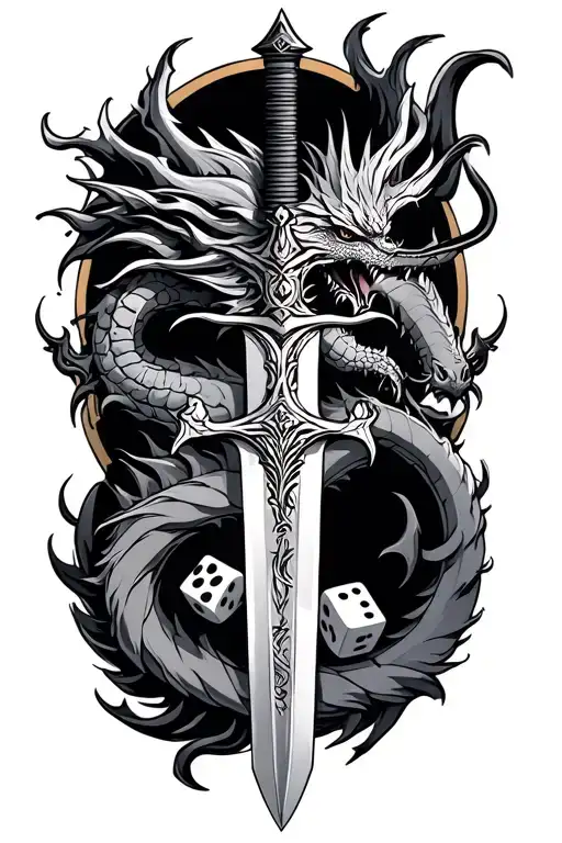 Sword with and dice and dragon. tattoo design idea