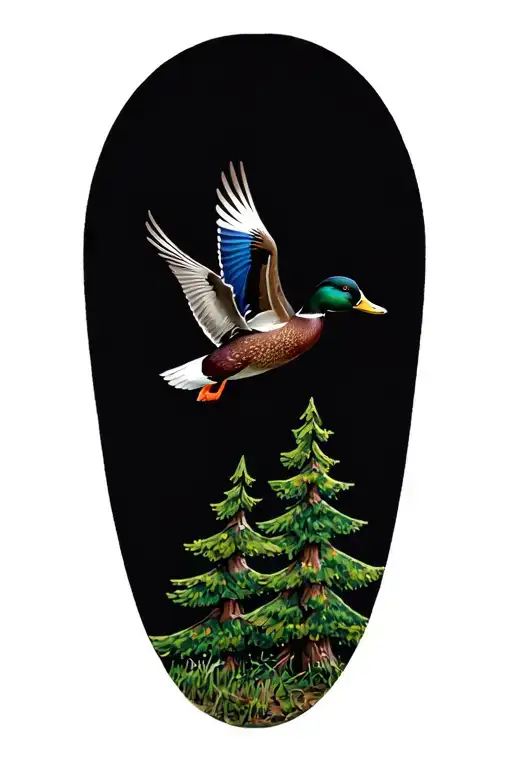 mallard duck flying past pine trees tattoo design idea