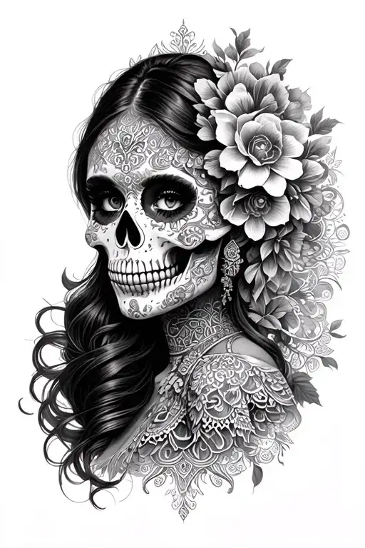 full lace background, a female half face half sugar skull realistic, Gemini, black and grey detailed shading tattoo design idea