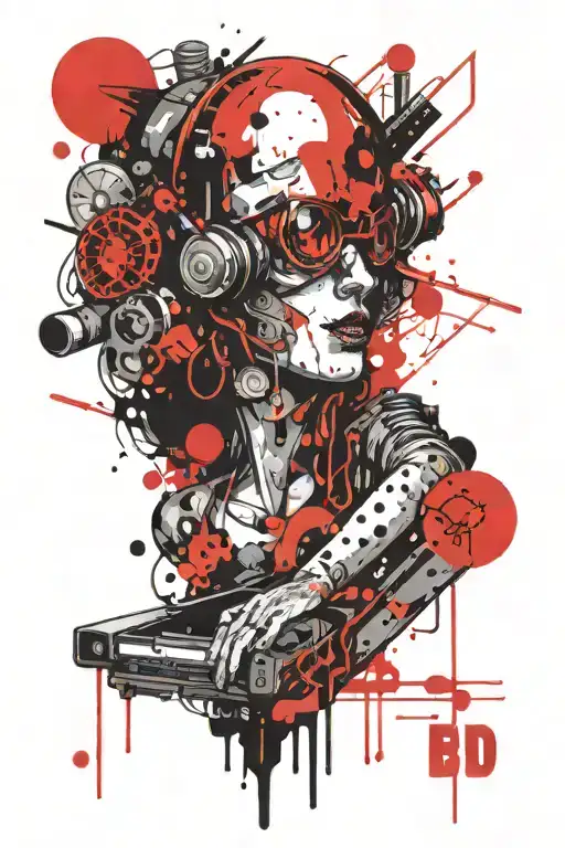 A tattoo that blends the bold lines and vibrant colors of polka trash with a cyberpunk aesthetic.  tattoo design idea