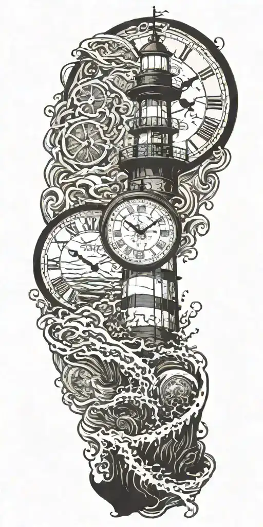 lighthouse waves crashing clock and jelly fish tattoo design idea