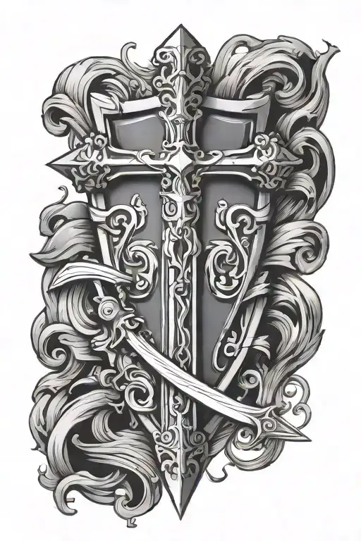 christian cross, shield and sword tattoo tattoo design idea
