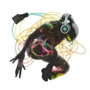 A traveler sitting cross-legged, floating in the infinite space of his mind, wearing a modern headset with dark metallic colors. His body is surrounded by a luminous aura in shades of electric. Pulsating waves of energy emanate from the headset, creating abstract and fluid shapes around him, like visual echoes of the music he is listening to. In the background, mental landscapes take shape: a sea of stars, suspended mountains, and glowing fragments of memories floating in the air. The atmosphere is futuristic, immersive, and introspective, evoking an inner journey through music and thoughts tattoo design idea