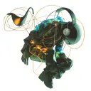 A traveler sitting cross-legged, floating in the infinite space of his mind, wearing a modern headset with dark metallic colors. His body is surrounded by a luminous aura in shades of electric. Pulsating waves of energy emanate from the headset, creating abstract and fluid shapes around him, like visual echoes of the music he is listening to. In the background, mental landscapes take shape: a sea of stars, suspended mountains, and glowing fragments of memories floating in the air. The atmosphere is futuristic, immersive, and introspective, evoking an inner journey through music and thoughts tattoo design idea