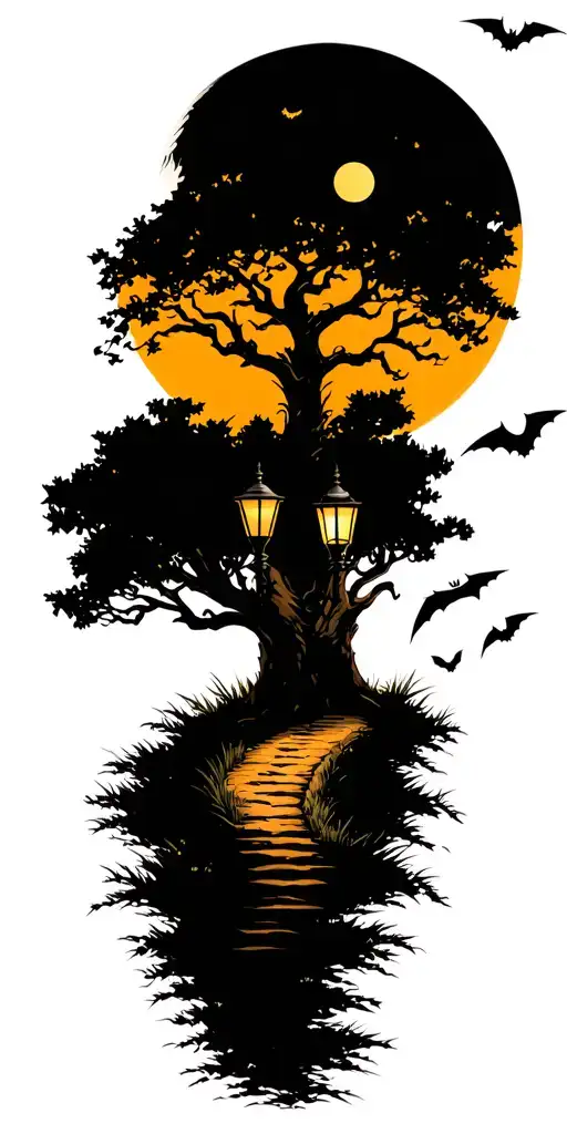 Yellow or orange moon with a creepy tree in front of it with a walking path, blowing leaves and a lamp post with bats or tattoo design idea