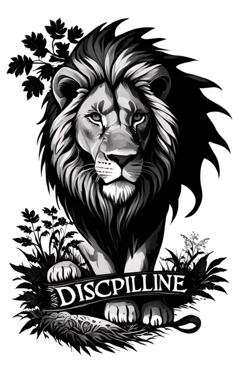 Lion and nature using the word 'discipline' tattoo design idea