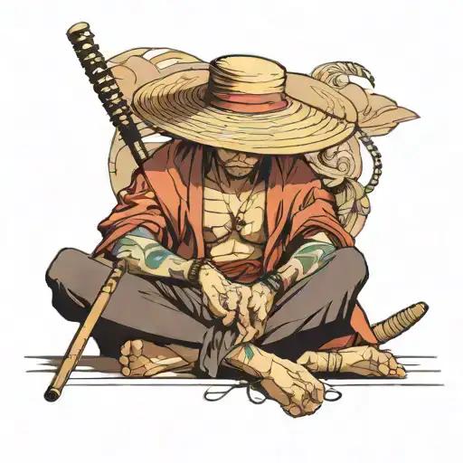 sleep deprived samurai wearing straw hat sitting tattoo design idea