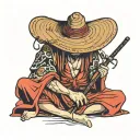 sleep deprived samurai wearing straw hat sitting tattoo design idea