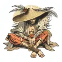sleep deprived samurai wearing straw hat sitting tattoo design idea