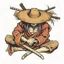 sleep deprived samurai wearing straw hat sitting tattoo design idea