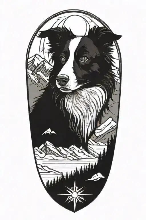 border collie face compass in mountain scene tattoo design idea