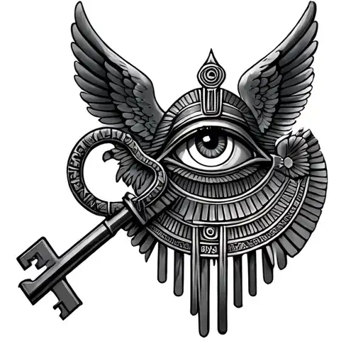 Egyptian key with Osiris' eye and angels wings tattoo design idea