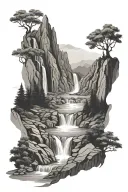 Two waterfalls join together creating a magnificent river that gets lost in two magnificent mountains tattoo design idea