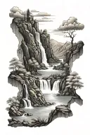 Two waterfalls join together creating a magnificent river that gets lost in two magnificent mountains tattoo design idea