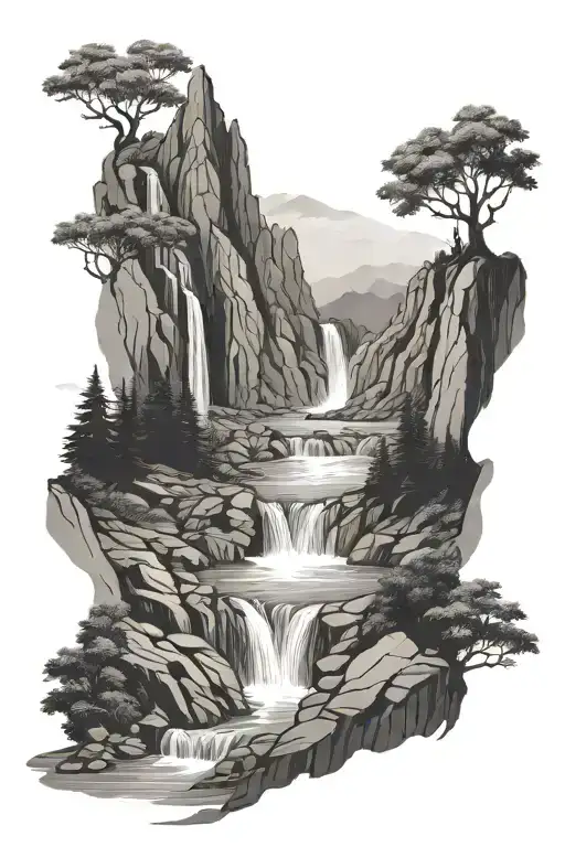 Two waterfalls join together creating a magnificent river that gets lost in two magnificent mountains tattoo design idea