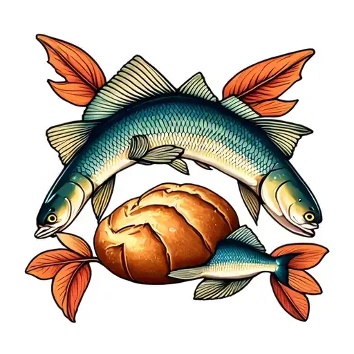 American traditional style about fishes and loaves from the bible tattoo design idea