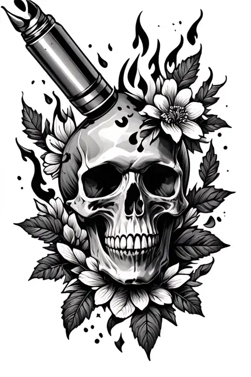 skull with bullet hitting it surrounded by leaves and flowers on fire tattoo design idea
