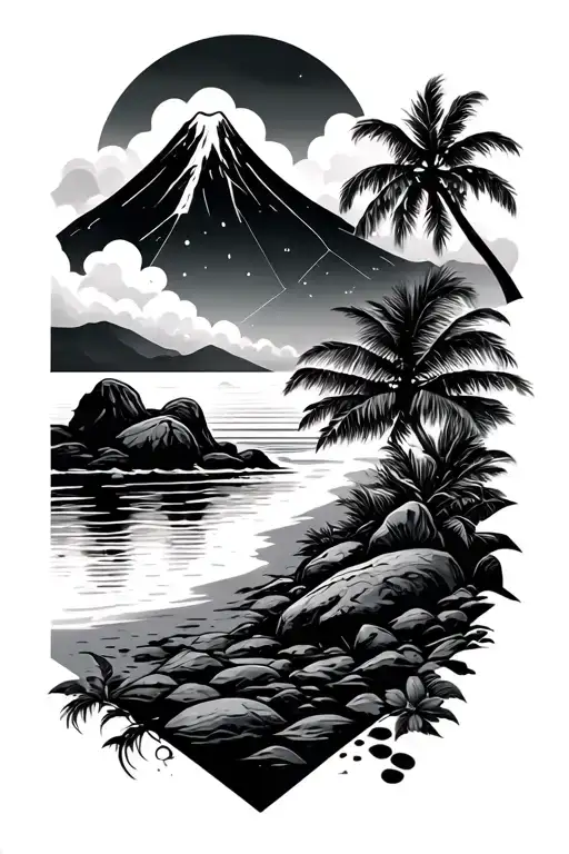 geometric design incorporating beach, island, volcano, travel tattoo design idea