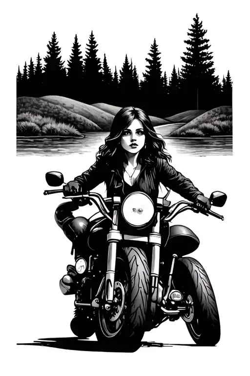 Bdsm, girl, motorcycle, nature scene tattoo design idea