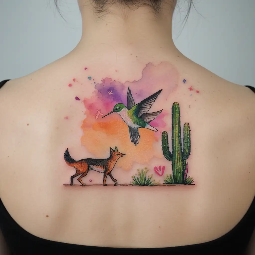 hummingbird flyong holding cancer ribbon, coyote walking next to cactus tattoo design idea