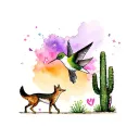 hummingbird flyong holding cancer ribbon, coyote walking next to cactus tattoo design idea