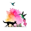 hummingbird flyong holding cancer ribbon, coyote walking next to cactus tattoo design idea