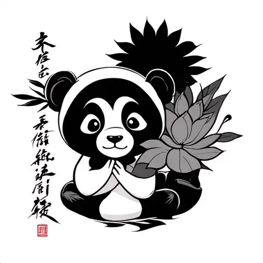 small stylized panda in meditating style with something written on a bamboo leaf, perhaps also with a lotus flower tattoo design idea