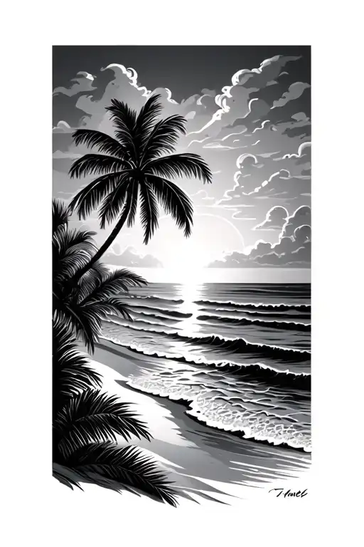 Palm trees beach scene with sunset and water waves tattoo design idea