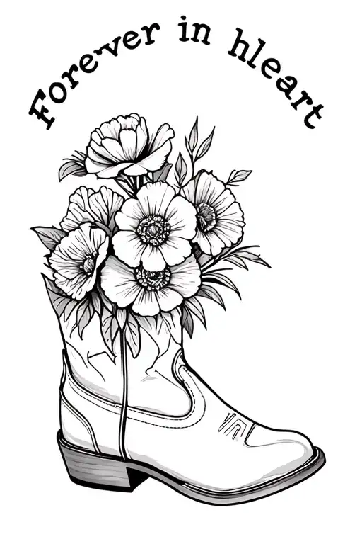 ""Forever in my heart"" cowboy boots with bouquet inside. include a carnation,primrose, poppy gladiolus, and a marigold/cosmos in the bouquet. tattoo design idea