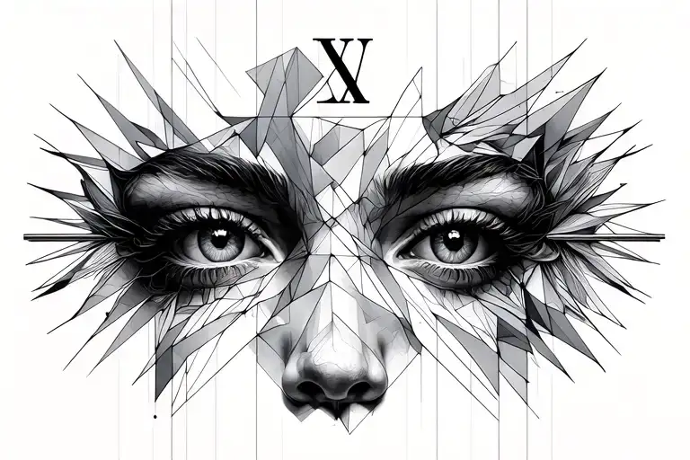 Geometric elements drawn with thin linesThe face from the painting Fallen Angelin Roman numerals: 29.08.2012, 11.11.2016 tattoo design idea