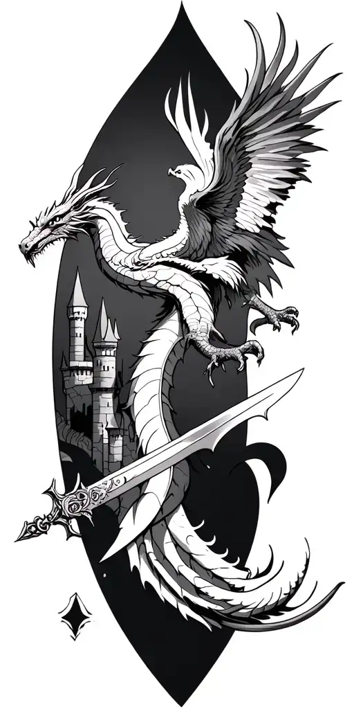 Fantasy inspired tattoo combining dragons, castles, phoenix, swords, beauty and the beast  tattoo design idea