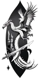 Fantasy inspired tattoo combining dragons, castles, phoenix, swords, beauty and the beast  tattoo design idea