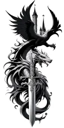 Fantasy inspired tattoo combining dragons, castles, phoenix, swords, beauty and the beast  tattoo design idea