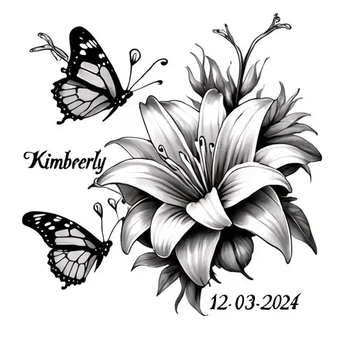 calf tattoo with the name Kimberly date of death 12-03-2024 with butterflies and the flower Lily no color tattoo design idea