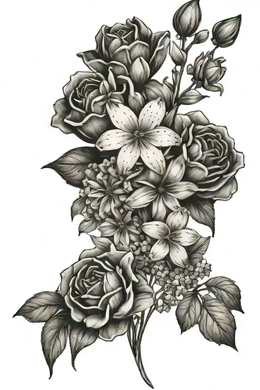 bouquet with jasmine flowers, daisies, forget me nots, and hyacinth tattoo design idea