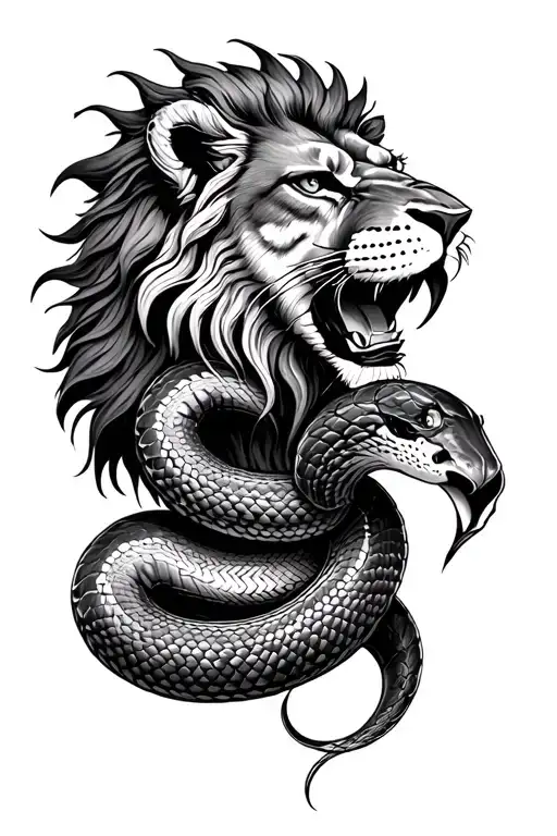 centered and front lion head, a snake snake melted tattoo design idea