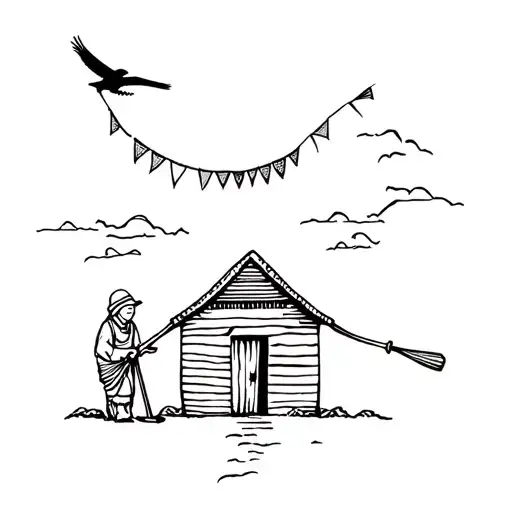 Ladakhi house, granny with a wooden shovel in front of it, a magpie flying, prayer flags fluttering tattoo design idea