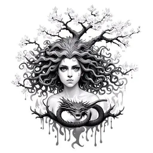 Greek Medusa with a cherry blossom tree with flame particles falling down and a dragon wrapping around her tattoo design idea