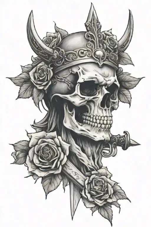 sword stabbing skull, wearing a viking crown, surrounded by roses tattoo design idea