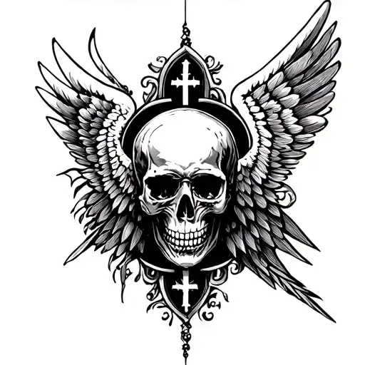 Skull on a winged gothic cross tattoo design idea