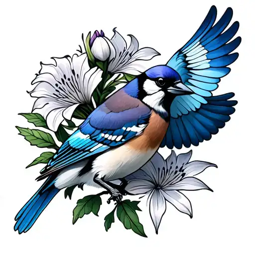 blue jay bird flying, cardinal bird, lily flower, thistle  tattoo design idea