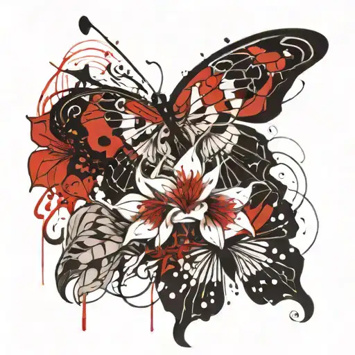 spider lily, black butterflies, and a safty pin surrounded tattoo design idea