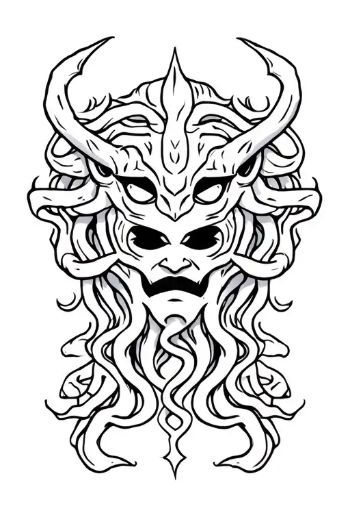 medusa wearing oni mask surrounded tattoo design idea