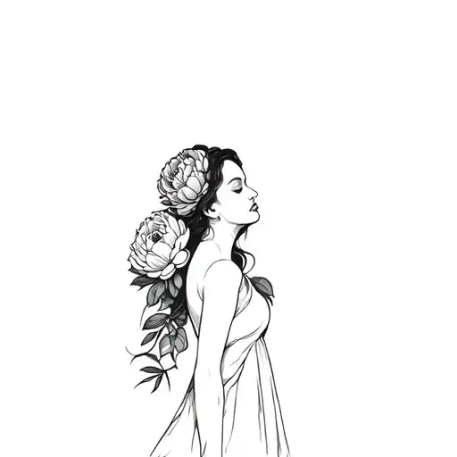 woman emerging from peonies, strength, resiliance, warrior tattoo design idea