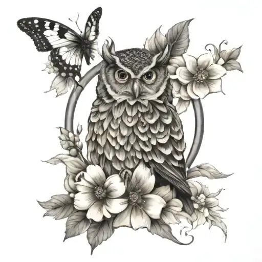 Angelica flower and owl and butterfly tattoo design idea