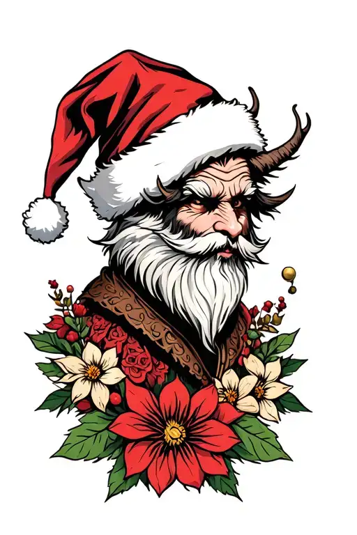 krampus and santa hat and flowers tattoo design idea