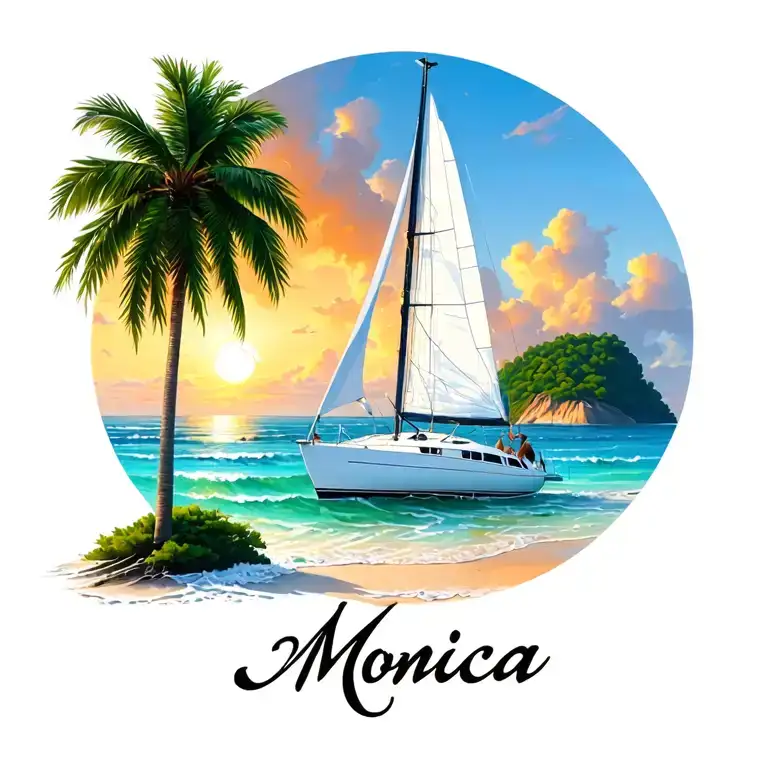 "Monica" "Monica" "Monica" "Monica" "Monica" "Monica" "Monica" "Monica" "Monica" white catamaran sailing, sunrise, small island palm, ocean beach outside of circle at bottom tattoo design idea