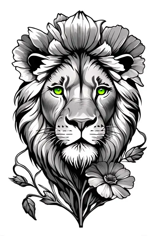 slot machine poppy flowers with lion and green eyes tattoo design idea