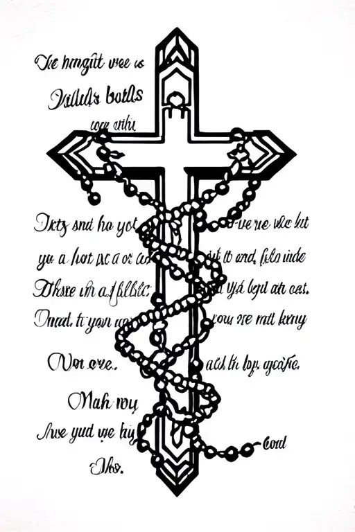 cross with rosary wrapped and bible verse tattoo design idea