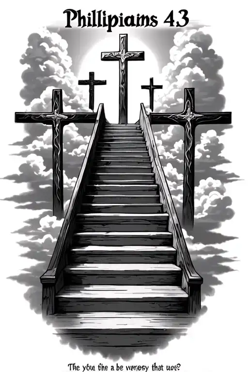 stairway to heaven with 3 crosses in the background surrounded by clouds with the verse Phillipians 4:13 tattoo design idea